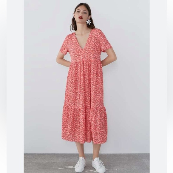 Zara red floral tiered midi dress small - Picture 3 of 9